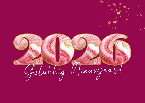 Vrolijke roze nieuwjaarskaart met gemarmerd jaartal 2