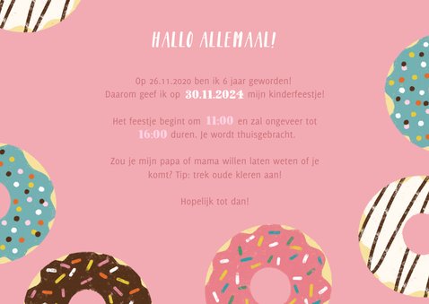 Vrolijke uitnodiging kinderfeestje met donuts en foto's 3
