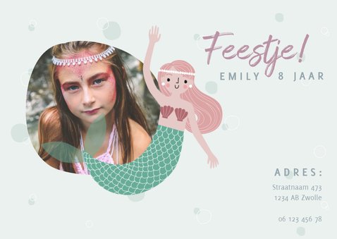 Vrolijke uitnodiging kinderfeestje met zeemeermin & plantjes 2