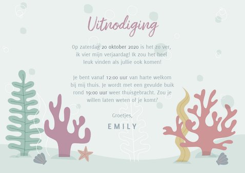 Vrolijke uitnodiging kinderfeestje met zeemeermin & plantjes 3