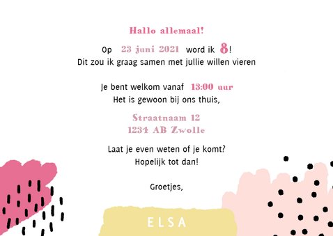 Vrolijke uitnodiging kinderfeestje verfstrepen en stipjes 3