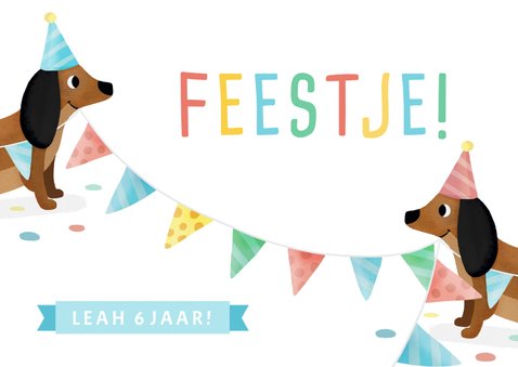 Vrolijke uitnodiging voor een kinderfeestje met teckel 2