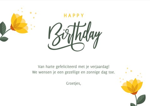 Vrolijke verjaardagskaart met gele bloemen en happy birthday 3