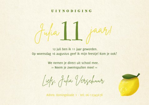Vrolijke zomerse kinderfeestje uitnodiging met citroentjes 3