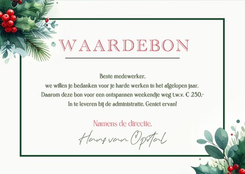 Waardebon in kerstsfeer met hulst besjes en takjes 3