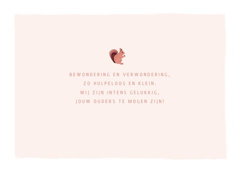 Warmroze geboortekaart met getekend hertje en eekhoorntje 2