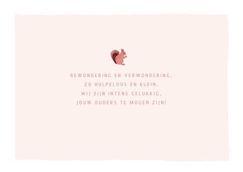 Warmroze geboortekaart met getekend hertje en eekhoorntje 2