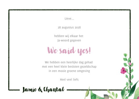 We said yes! Trouwkaart Stijlvol wit met bloemen 3