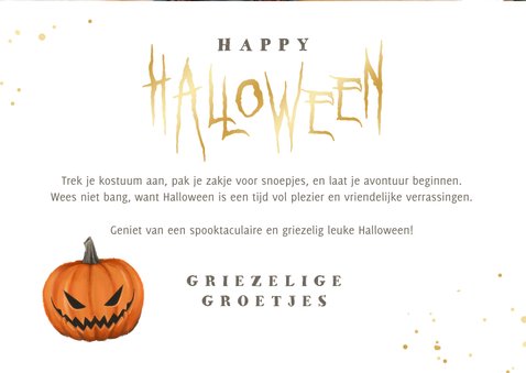 Wenskaart Happy Halloween pompoenen griezelig goud 3