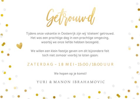 Wij zijn getrouwd kaart met eigen foto en confetti kader 3