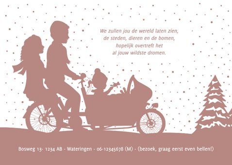 Winters geboortekaartje meisje met 2 zusjes in een bakfiets 2
