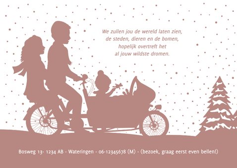 Winters geboortekaartje silhouet broer en zusje in bakfiets 2