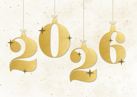 Witte nieuwjaarskaart met kerstballen cijfers in goudlook 2