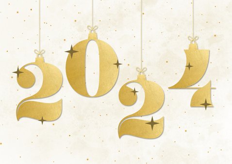 Witte nieuwjaarskaart met kerstballen cijfers in goudlook 2