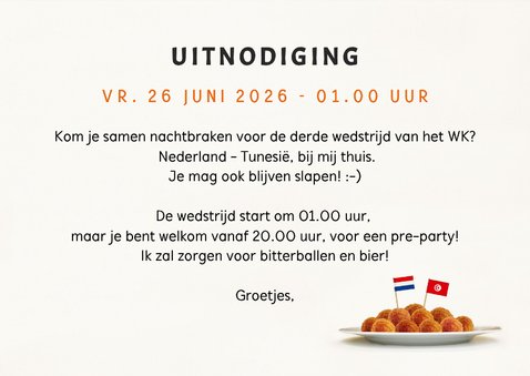 Wk uitnodiging kaart met bitterballen - Nederland Tunesië 3
