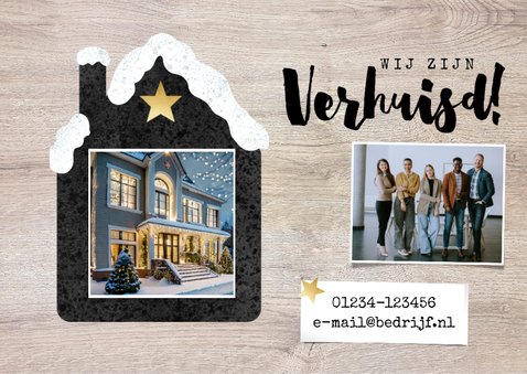 Zakelijke kerst- verhuiskaart met huisje sneeuw en logo 2