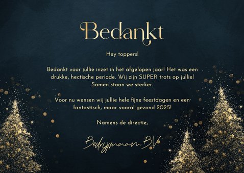 Zakelijke kerstkaart bedankt blauw met gouden kerstbomen 3