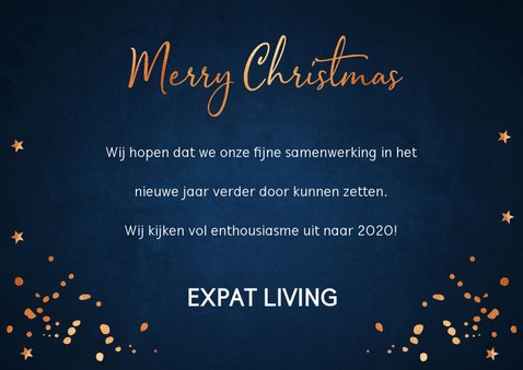 Zakelijke kerstkaart blauw fotocollage confetti koperlook 3