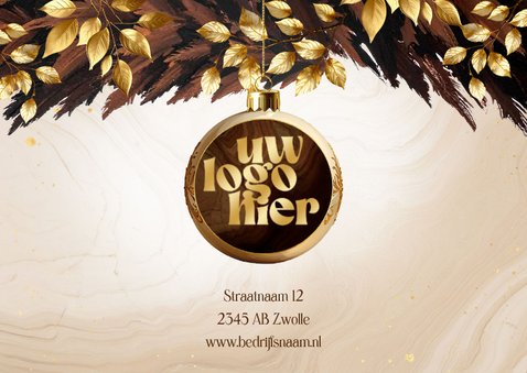 Zakelijke kerstkaart bruine kersttak 2026 kerstbal en logo 2