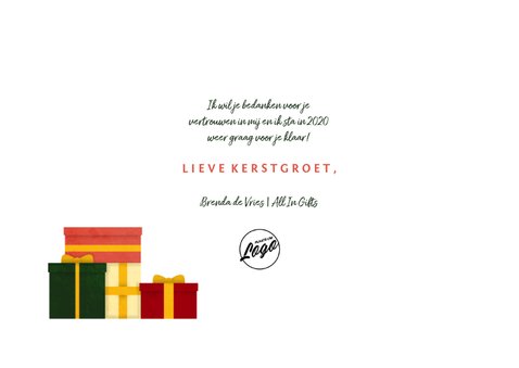 Zakelijke kerstkaart met foto en kerstboom van cadeaus 3