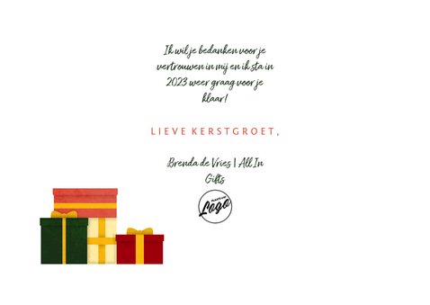Zakelijke kerstkaart met foto en kerstboom van cadeaus 3