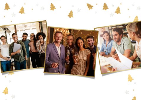 Zakelijke kerstkaart met gouden kerstboompjes en eigen foto 2