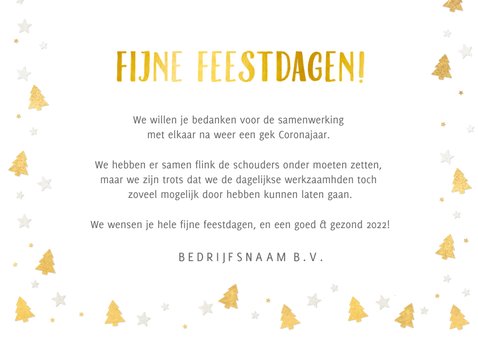 Zakelijke kerstkaart met gouden kerstboompjes en eigen foto 3
