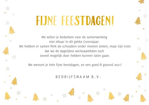 Zakelijke kerstkaart met gouden kerstboompjes en eigen foto 3