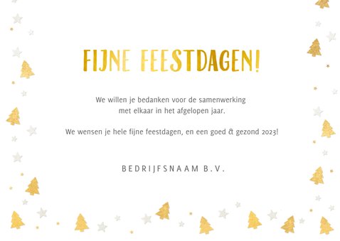 Zakelijke kerstkaart met gouden kerstboompjes en eigen foto 3