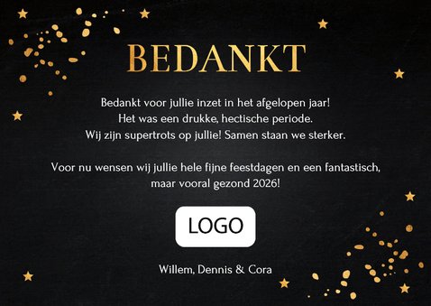 Zakelijke kerstkaart zwart bedankt medewerkers goudlook 3