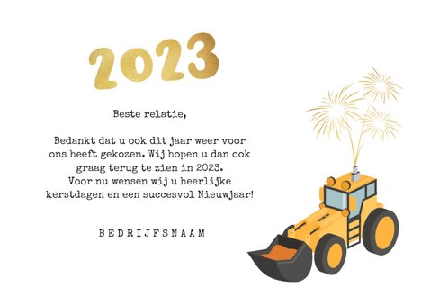 Zakelijke nieuwjaarskaart graafmachine bouw 2023 vuurwerk 3