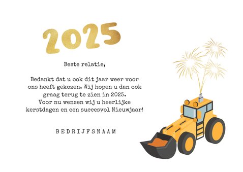 Zakelijke nieuwjaarskaart graafmachine bouw 2025 vuurwerk 3