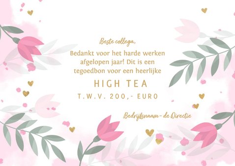 Zakelijke tegoedbon roze bloemen takjes hartjes waterverf 3
