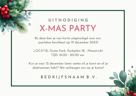 Zakelijke uitnodiging kerstviering met hulst en takjes 3
