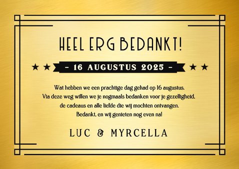 Zwarte bedankkaart trouwen in art-deco stijl met goudfolie 3