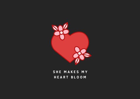 Zwarte trouwkaart met rode en roze bloemen en hart 2