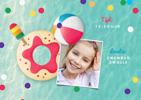 Zwemfeest meisje vrolijk kleurrijk confetti ijsjes foto 2