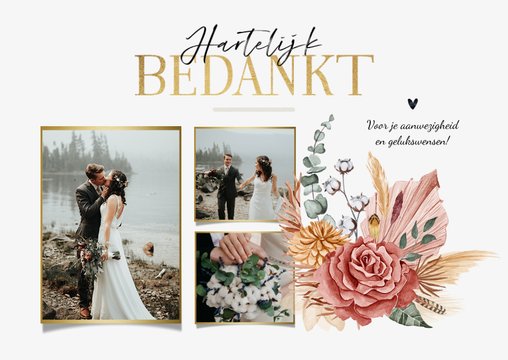 Bedankkaart bohemian droogbloemen stijlvol goud fotocollage