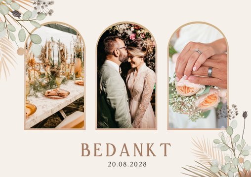 Botanisch bohemian bedankkaartje bruiloft met 3 foto's 