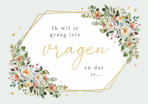 Getuige trouwkaart romantisch bloemen stijlvol hartjes goud