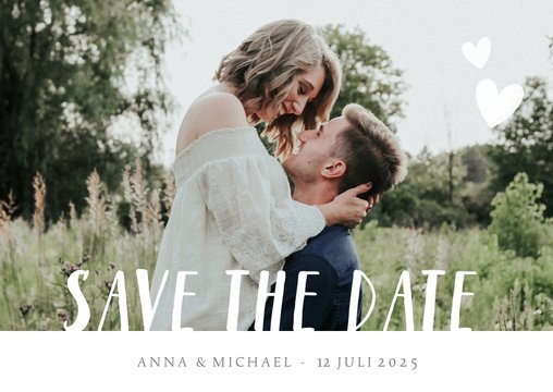 Hippe Save the Date kaart met eigen foto en witte letters