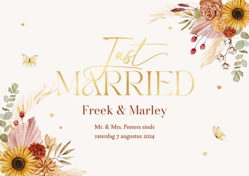 Just married trouwkaart botanisch bloemen vlinder romantisch