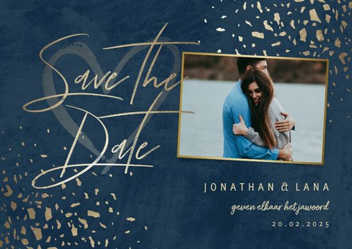 Save the date kaart foto donkerblauw met terrazzo patroon