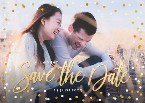 Save the Date kaart met grote eigen foto en confetti kader