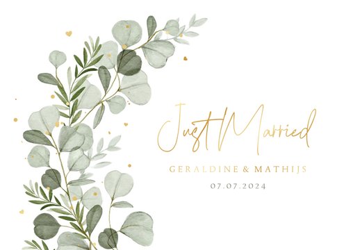 Trouwkaart just married eucalyptus hartjes goud stijlvol