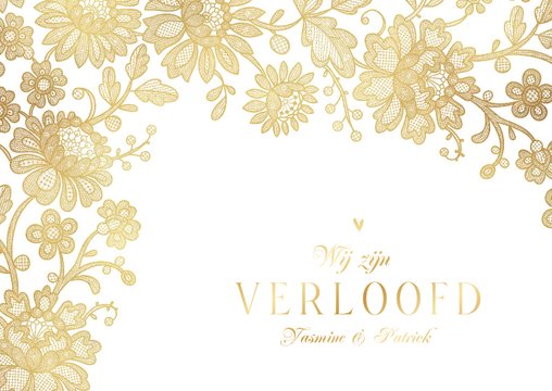 Trouwkaart verloofd vintage kant goud bloemen hartjes