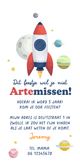 Uitnodiging kinderfeestje space raket ruimte foto Achterkant