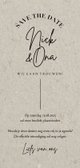 Less is more save the date trouwkaart met datum typografie Achterkant