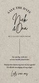 Less is more save the date trouwkaart met datum typografie Achterkant