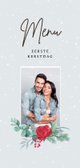 Menukaart kerstdiner krans rozen foto sneeuw Achterkant